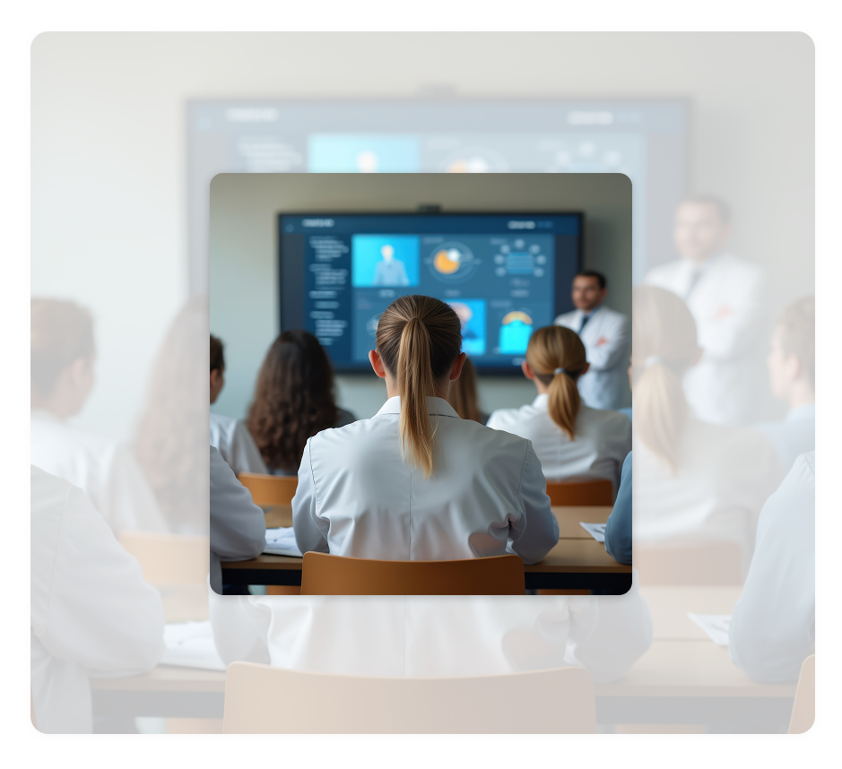 Group of people in lab coats seated in a classroom, facing a large screen displaying business analytics and charts, with two presenters standing at the front.