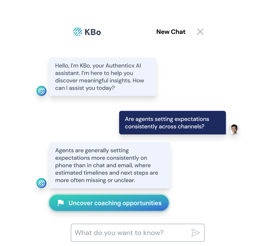 KBo AI chat panel on a purple-to-teal gradient, showing suggested coaching prompts and a user question about available coaching notes