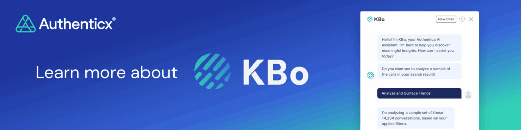 Authenticx logo and name on a blue gradient background with the text Learn more about KBo next to a chat window showing an AI assistant conversation.