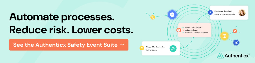 Banner with text Automate processes. Reduce risk. Lower costs. and a button reading See the Authenticx Safety Event Suite. Graphics show interconnected compliance notifications and the Authenticx logo.